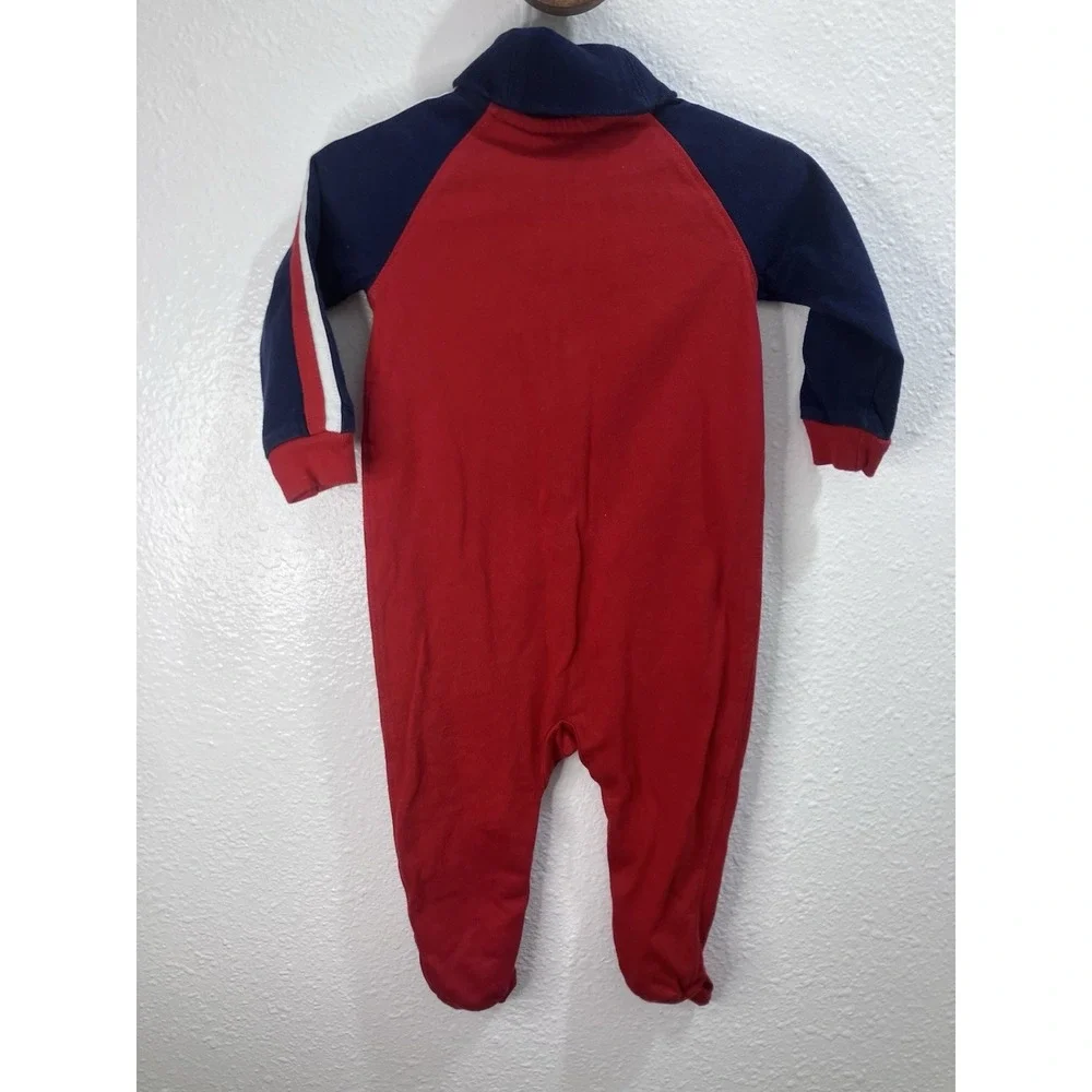 Ralph Lauren 9M Baby Boy Shawl-Collar Cotton Coverall Bodysuit Red Blue Pony
